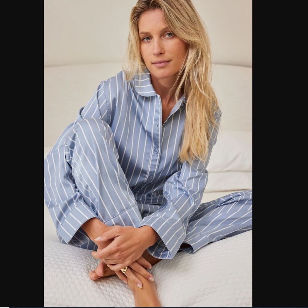 Lake Pajamas - Poplin Piped Pants Set in Dusty Blue Stripe, Size XL